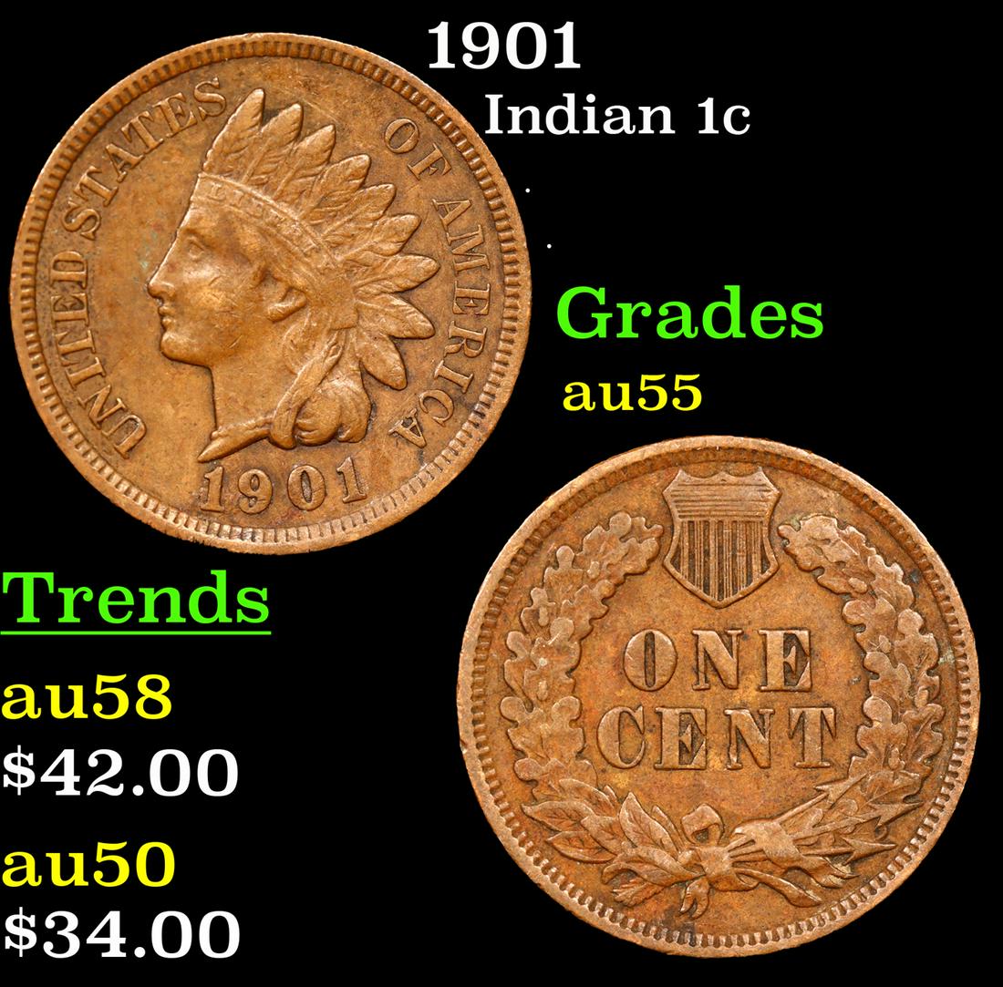 1901 Indian Cent 1c Grades Choice AU (1 of 3)