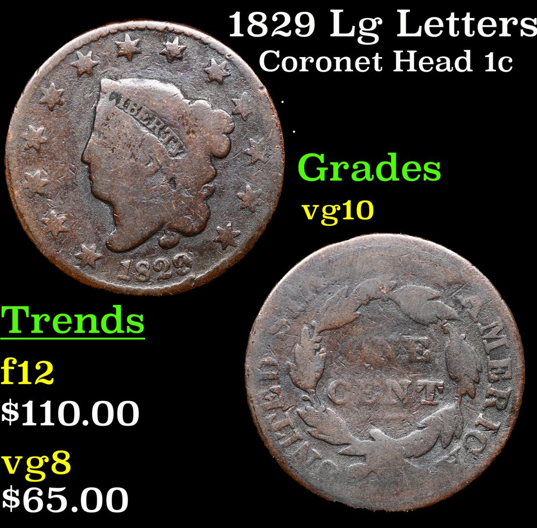 1829 Lg Letters Coronet Head Large Cent 1c Grades vg+ (1 of 3)