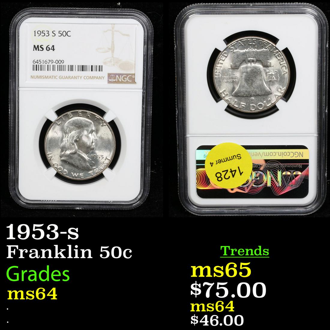 NGC 1953-s Franklin Half Dollar 50c Graded ms64 By NGC (1 of 3)