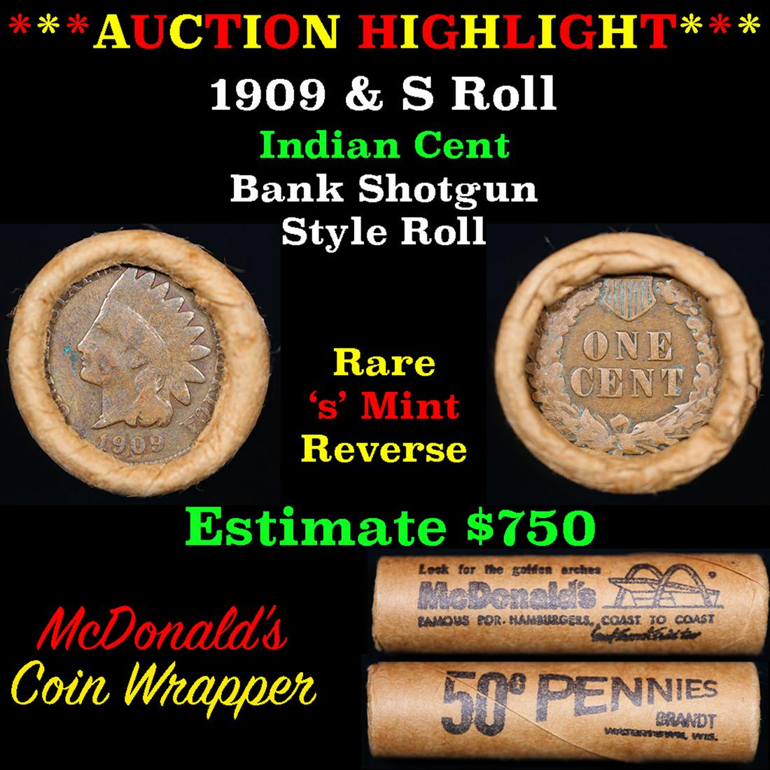 ***Auction Highlight*** Indian cent 1c orig Brinks roll, 1909 end S other end (fc) (1 of 5)