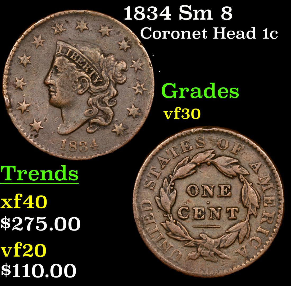 1834 Sm 8 Coronet Head Large Cent 1c Grades vf++ (1 of 3)