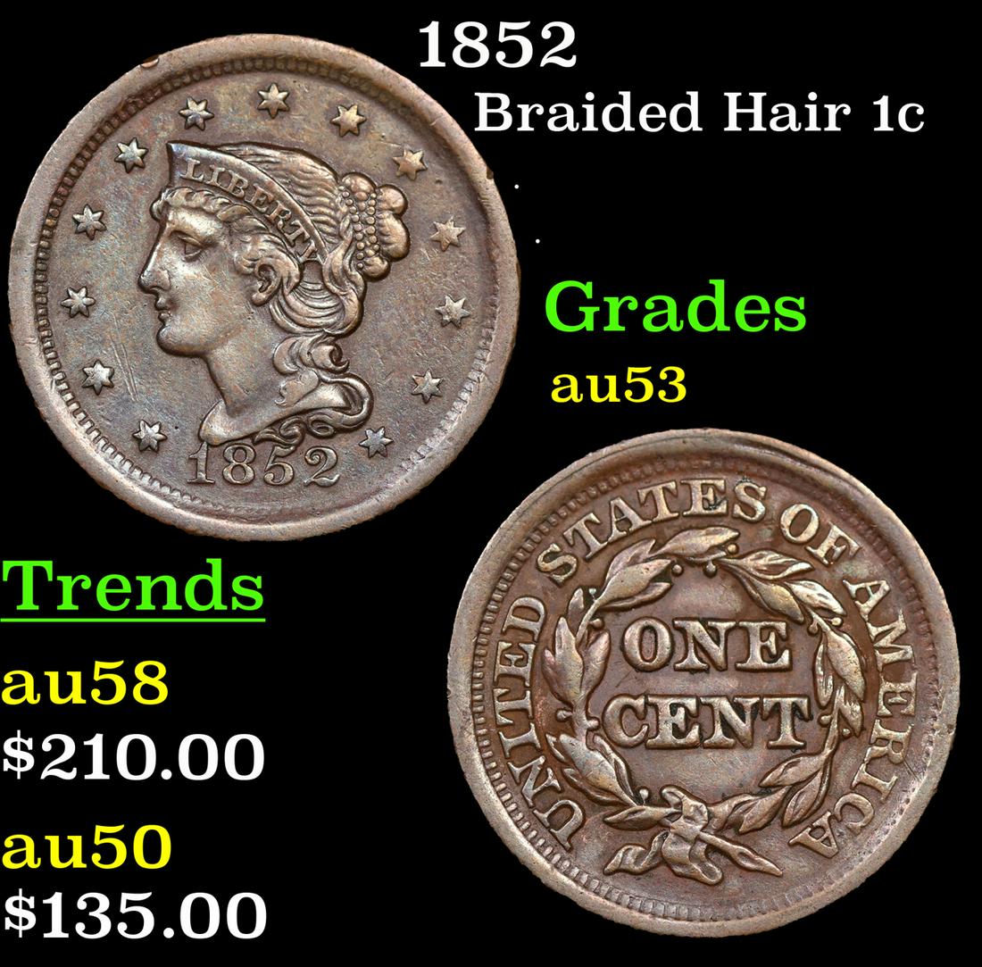 1852 Braided Hair Large Cent 1c Grades Select AU (1 of 3)