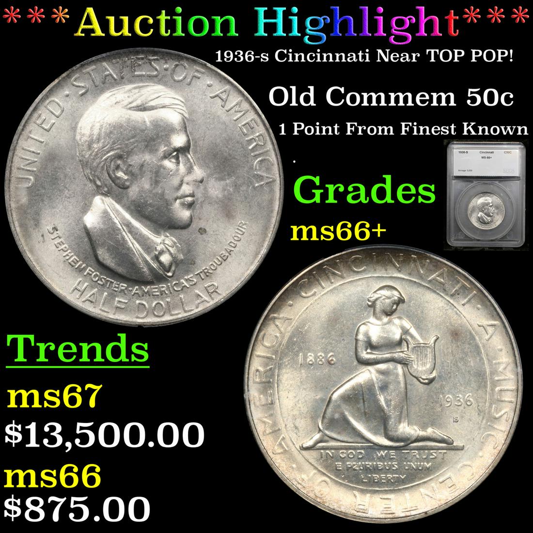 ***Auction Highlight*** 1936-s Cincinnati Old Commem Half Dollar Near TOP POP! 50c Graded ms66+ By (1 of 5)