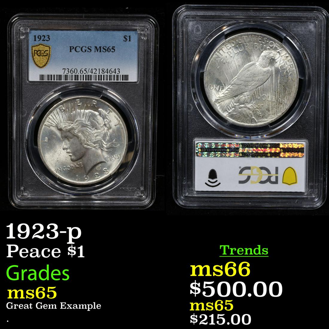 PCGS 1923-p Peace Dollar $1 Graded ms65 By PCGS (1 of 3)