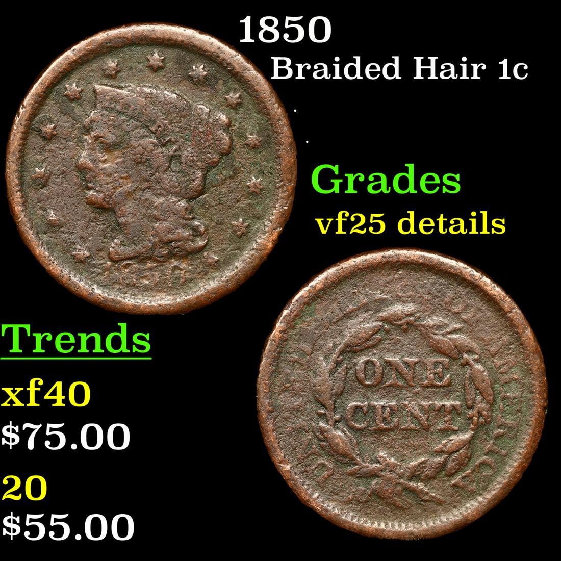 1850 Braided Hair Large Cent 1c Grades vf details (1 of 3)