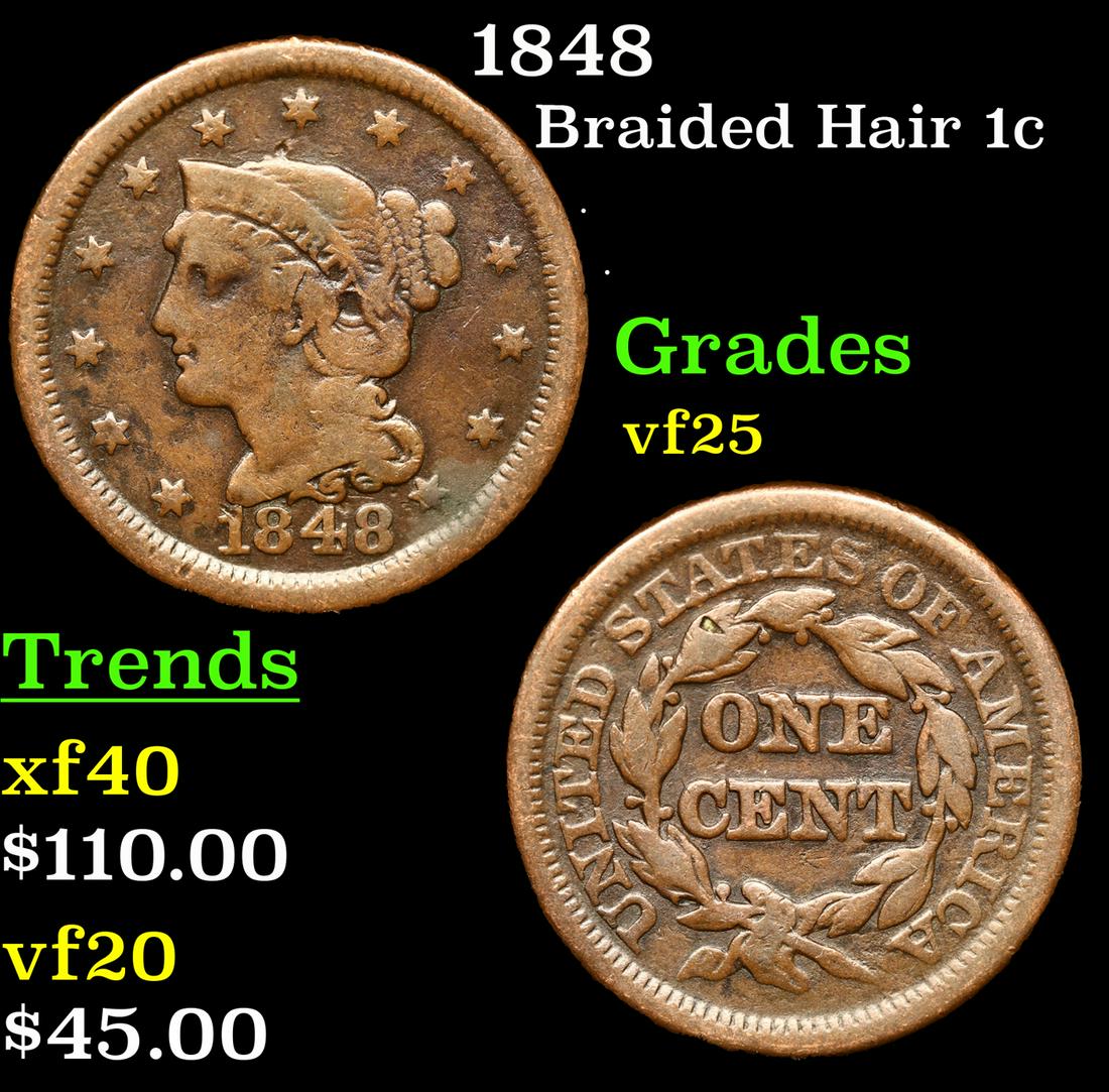 1848 Braided Hair Large Cent 1c Grades vf+ (1 of 3)