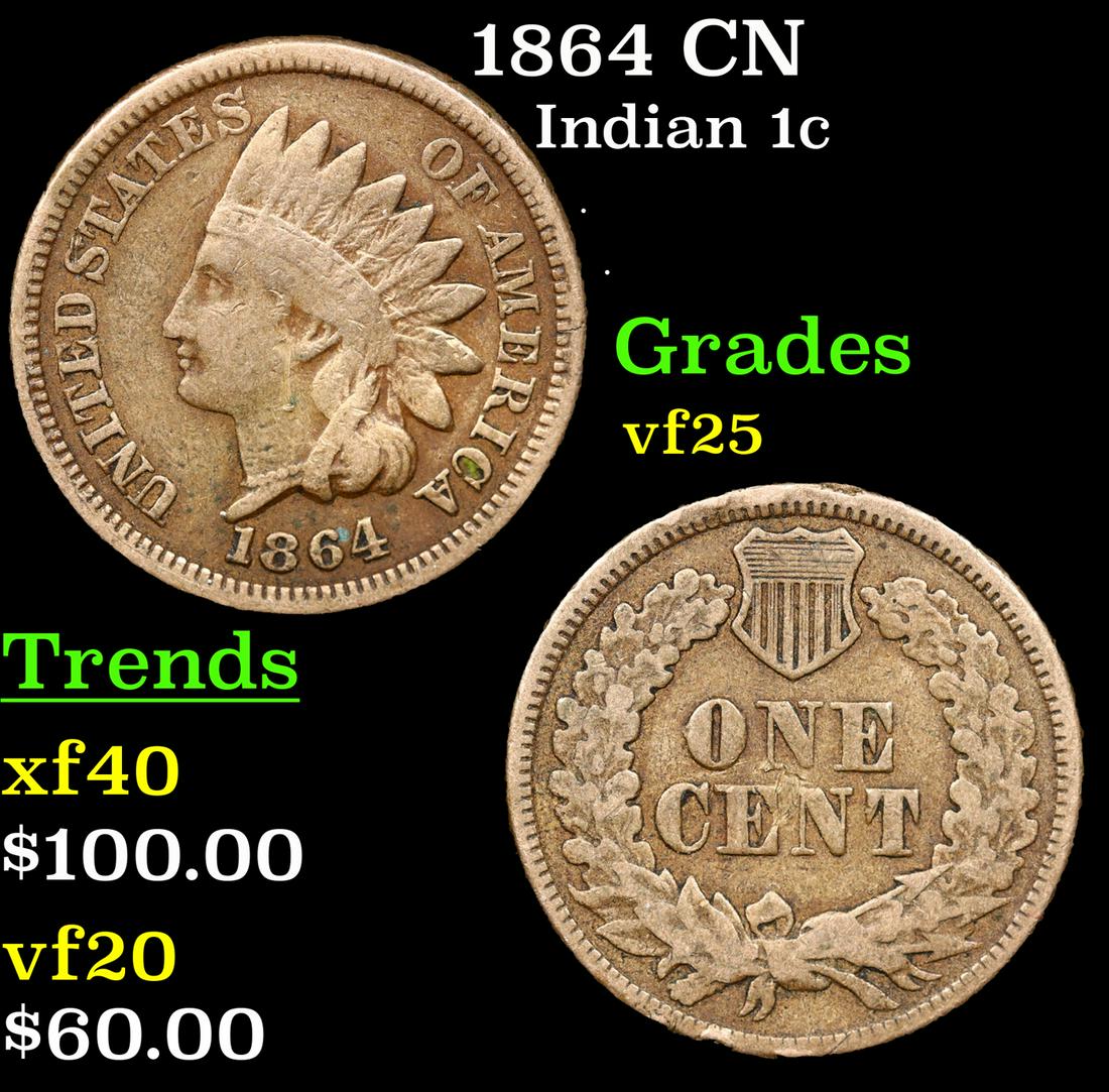 1864 CN Indian Cent 1c Grades vf+ (1 of 3)