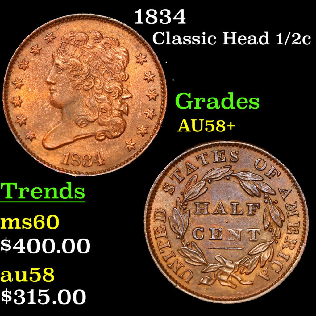 1834 Classic Head half cent 1/2c Grades Choice AU/BU Slider+ (1 of 3)