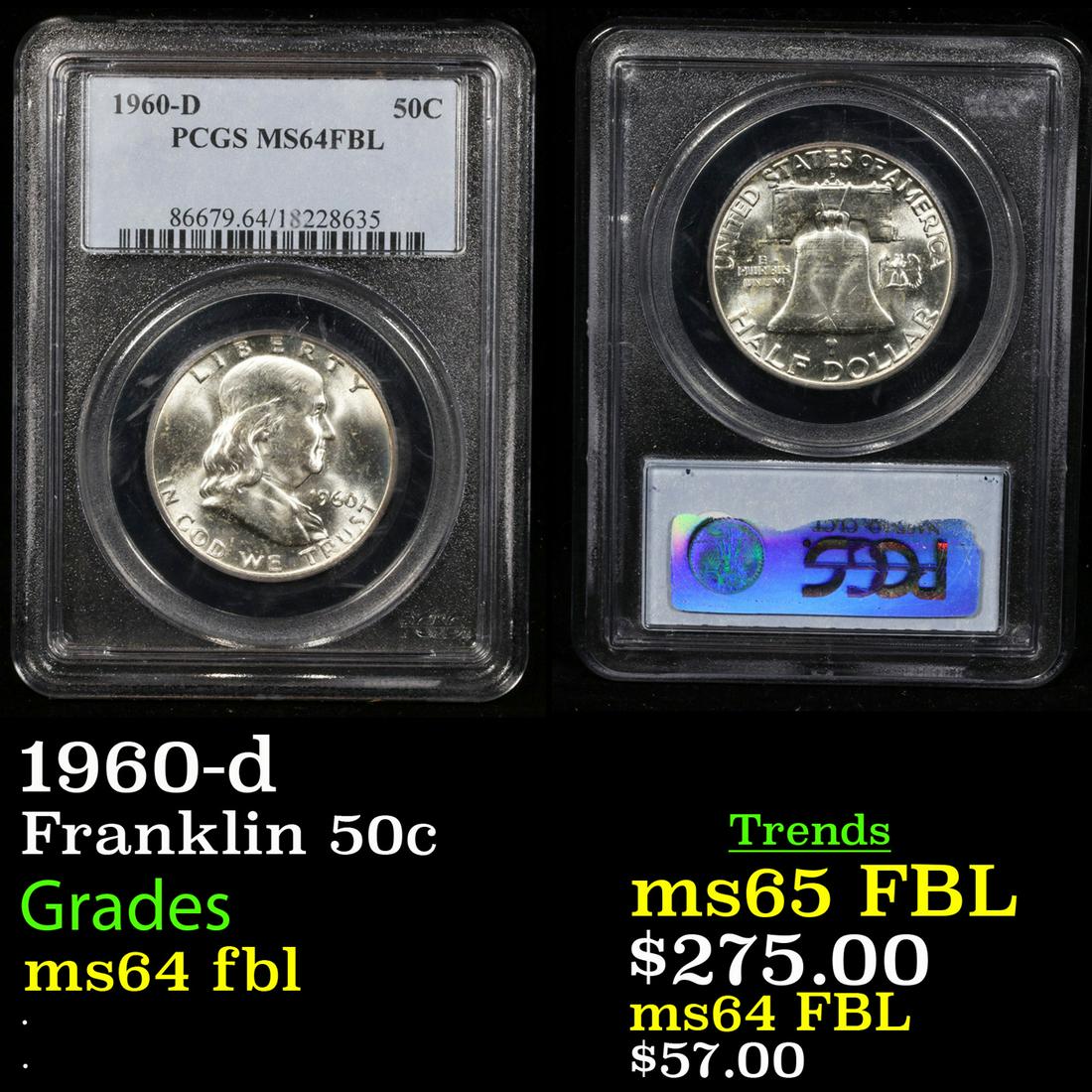 PCGS 1960-d Franklin Half Dollar 50c Graded ms64 fbl By PCGS (1 of 3)