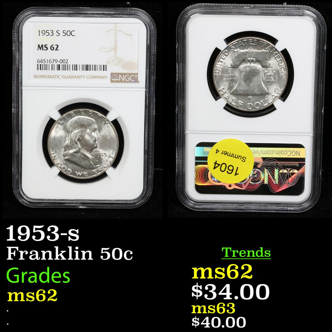 NGC 1953-s Franklin Half Dollar 50c Graded ms62 By NGC (1 of 3)