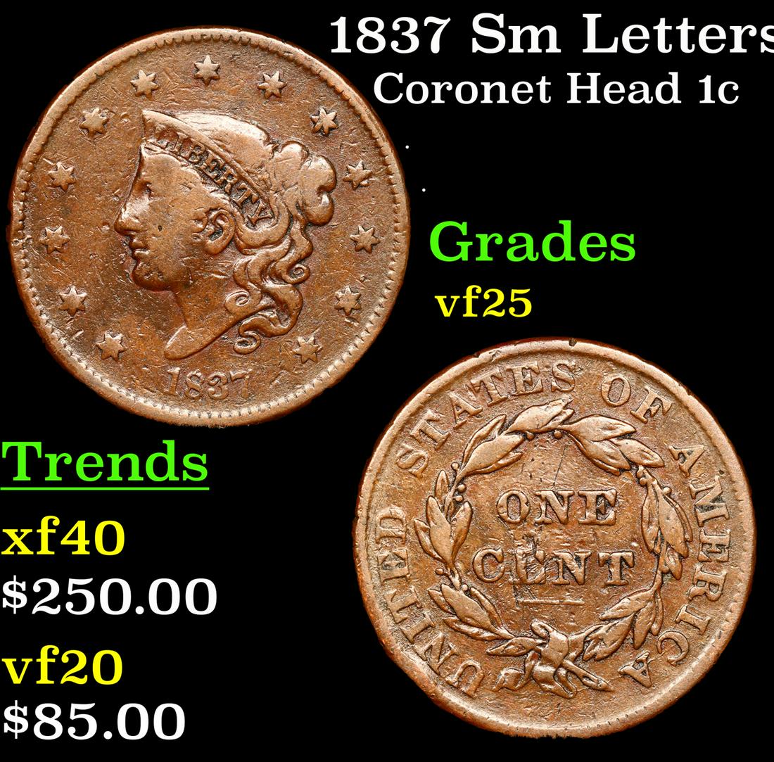 1837 Sm Letters Coronet Head Large Cent 1c Grades vf+ (1 of 3)