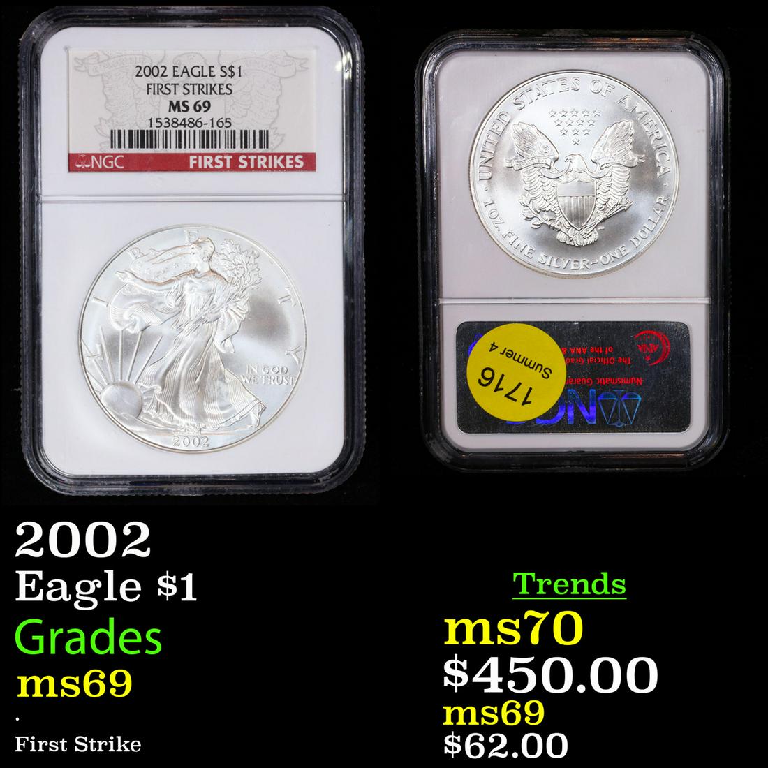 NGC 2002 Silver Eagle Dollar $1 Graded ms69 By NGC (1 of 3)