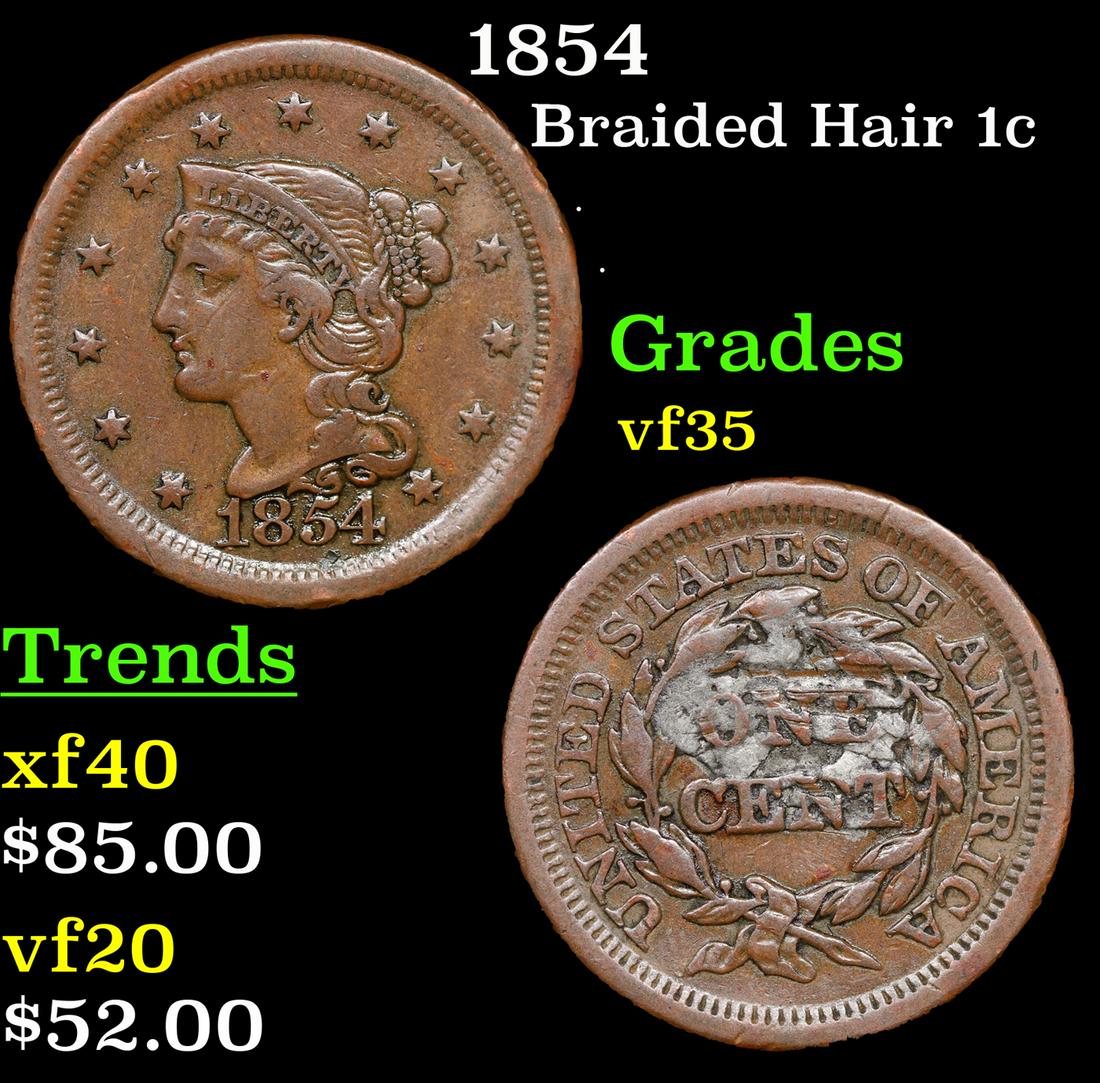 1854 Braided Hair Large Cent 1c Grades vf++ (1 of 3)