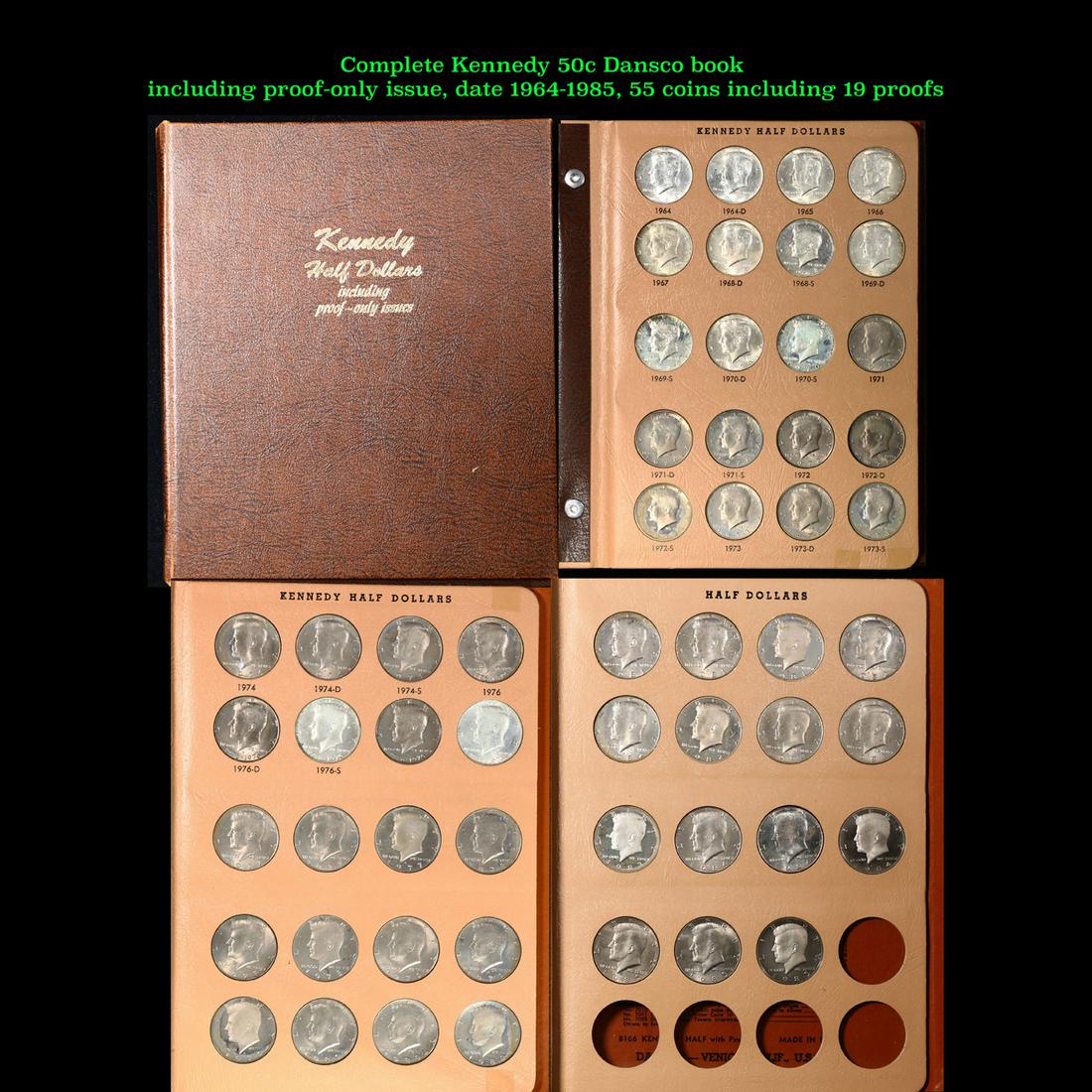 Complete Kennedy 50c Dansco book including proof-only issue, date 1964-1985, 55 coins including 19 (1 of 5)