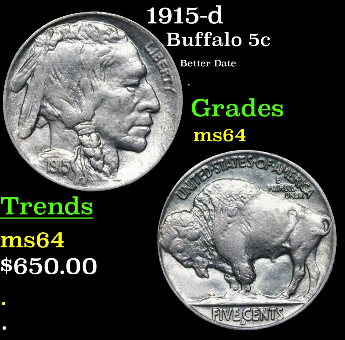 1915-d Buffalo Nickel 5c Graded ms64 (1 of 3)