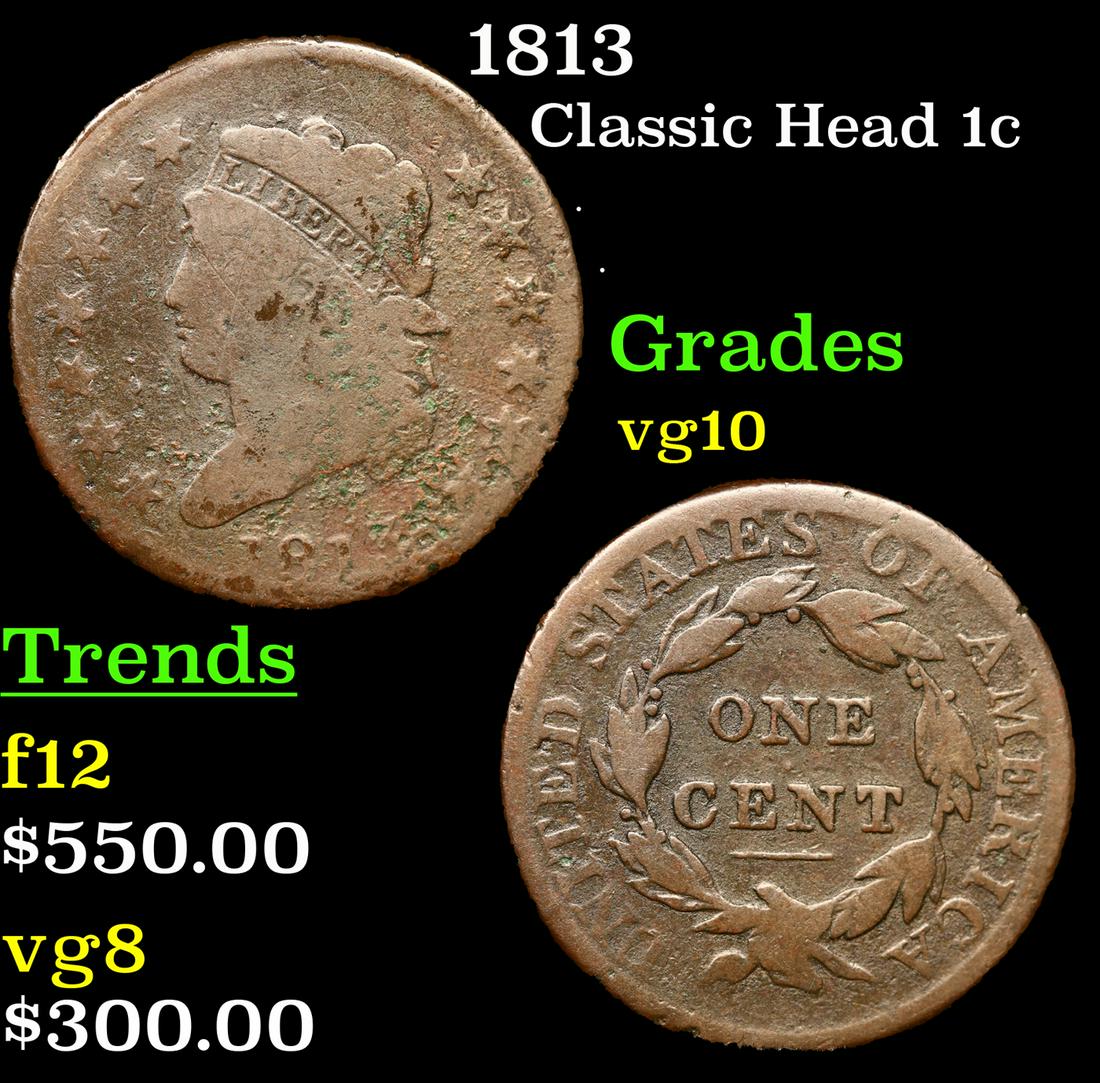 1813 Classic Head Large Cent 1c Grades vg+ (1 of 3)