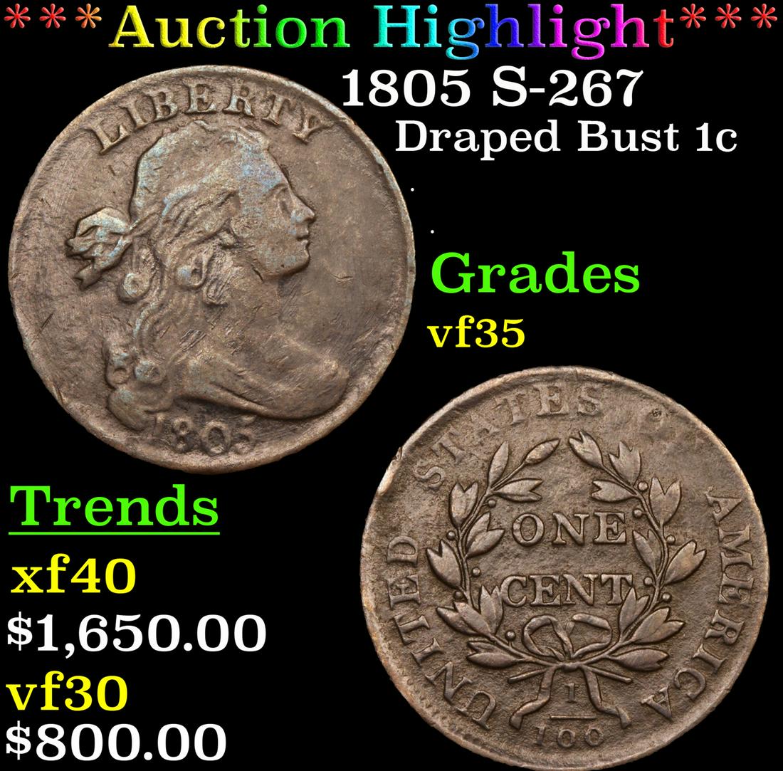 ***Auction Highlight*** 1805 Draped Bust Large Cent S-267 1c Graded vf35 By SEGS (fc) (1 of 5)