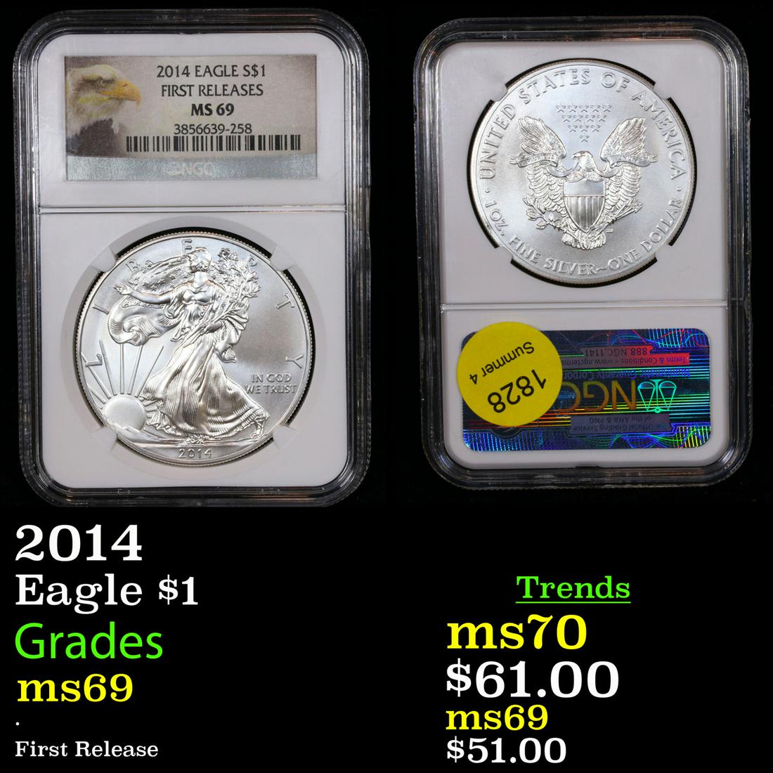 NGC 2014 Silver Eagle Dollar $1 Graded ms69 By NGC (1 of 3)