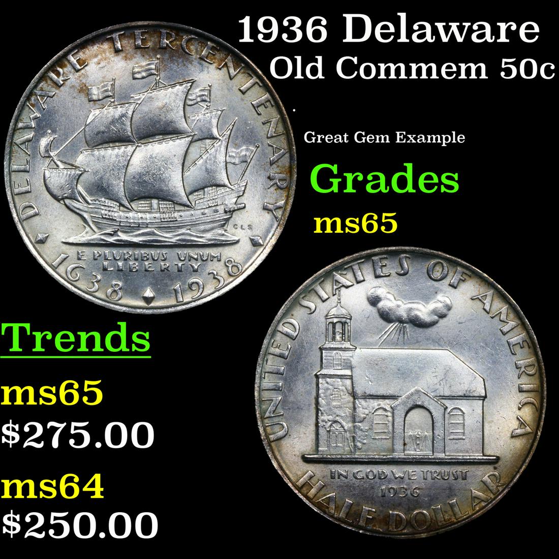 1936 Delaware Old Commem Half Dollar 50c Grades GEM Unc (1 of 3)