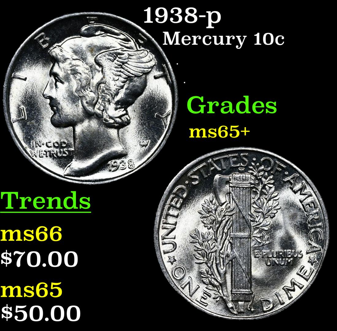 1938-p Mercury Dime 10c Grades GEM+ Unc (1 of 3)