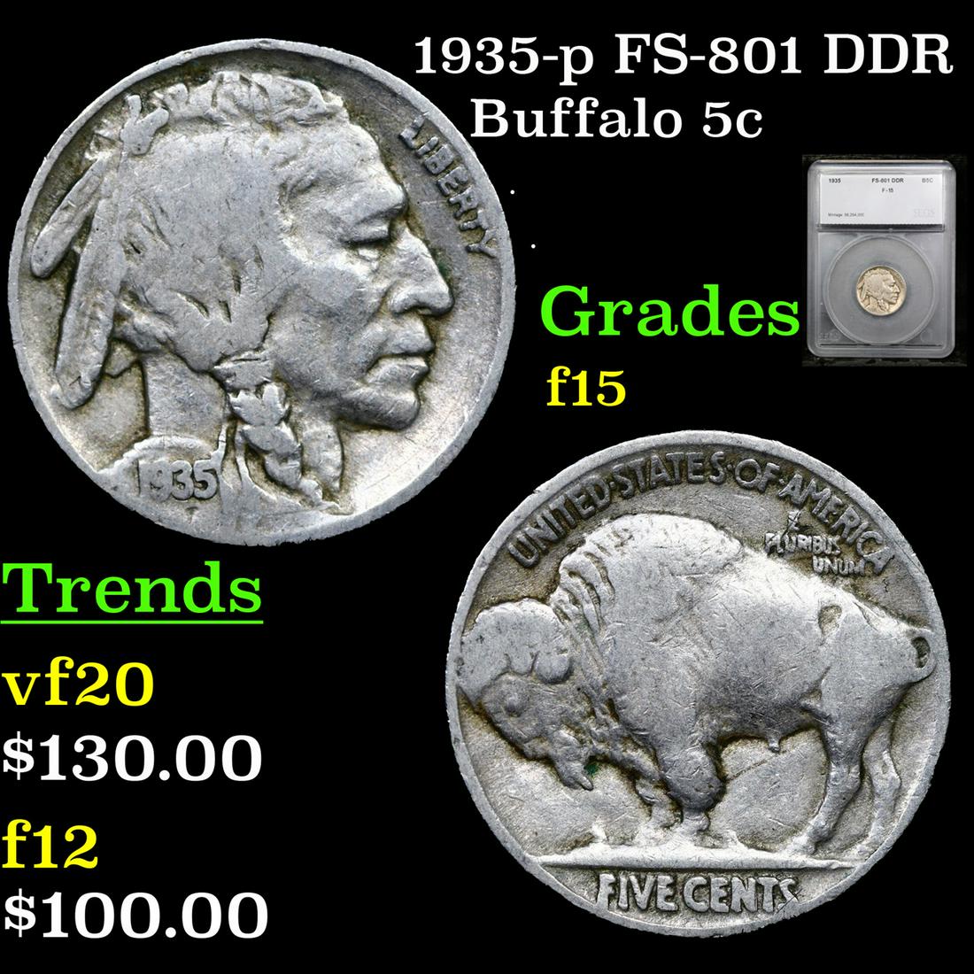 1935-p Buffalo Nickel FS-801 DDR 5c Graded f15 By SEGS (1 of 5)