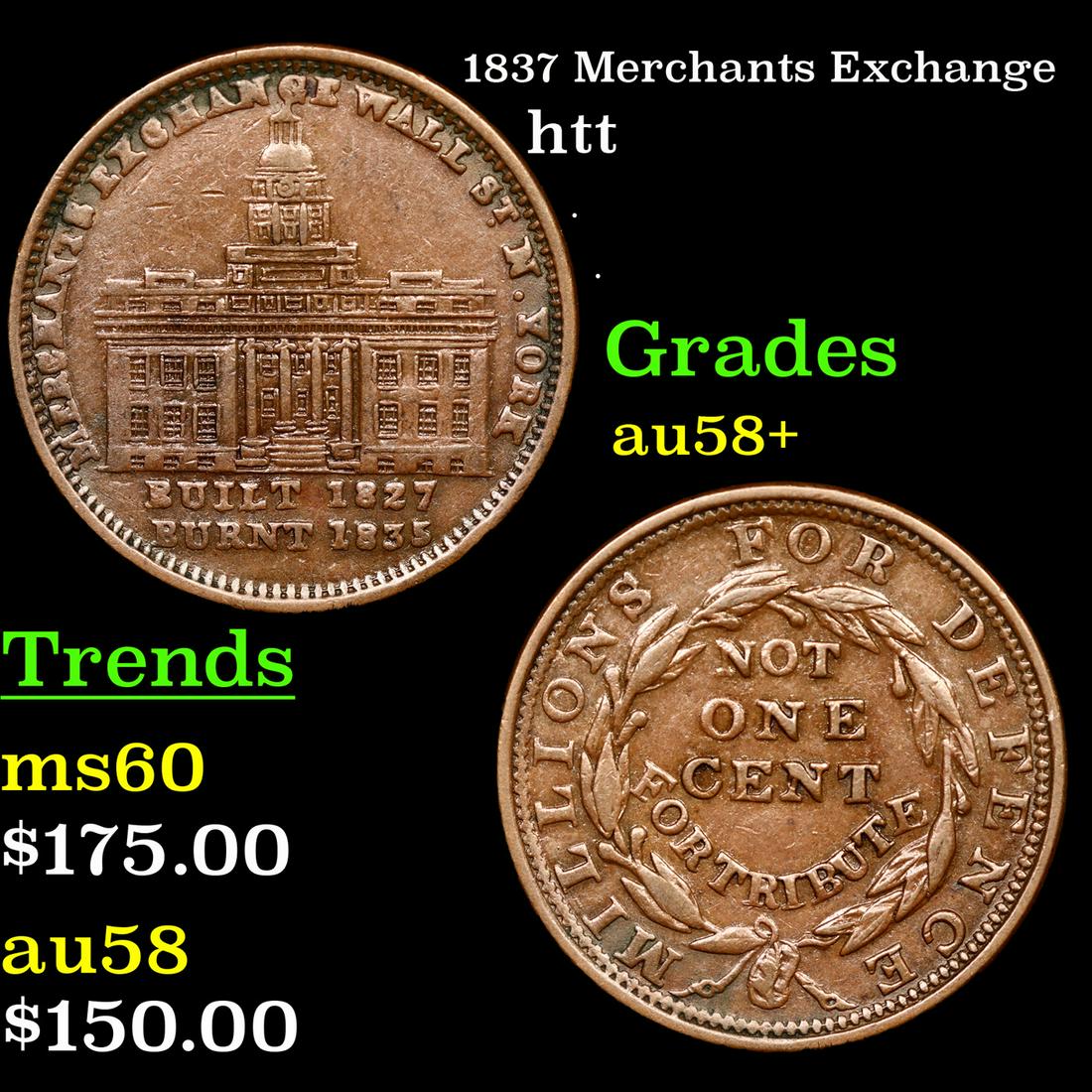 1837 Merchants Exchange Hard Times Token 1c Grades Choice AU/BU Slider+ (1 of 3)