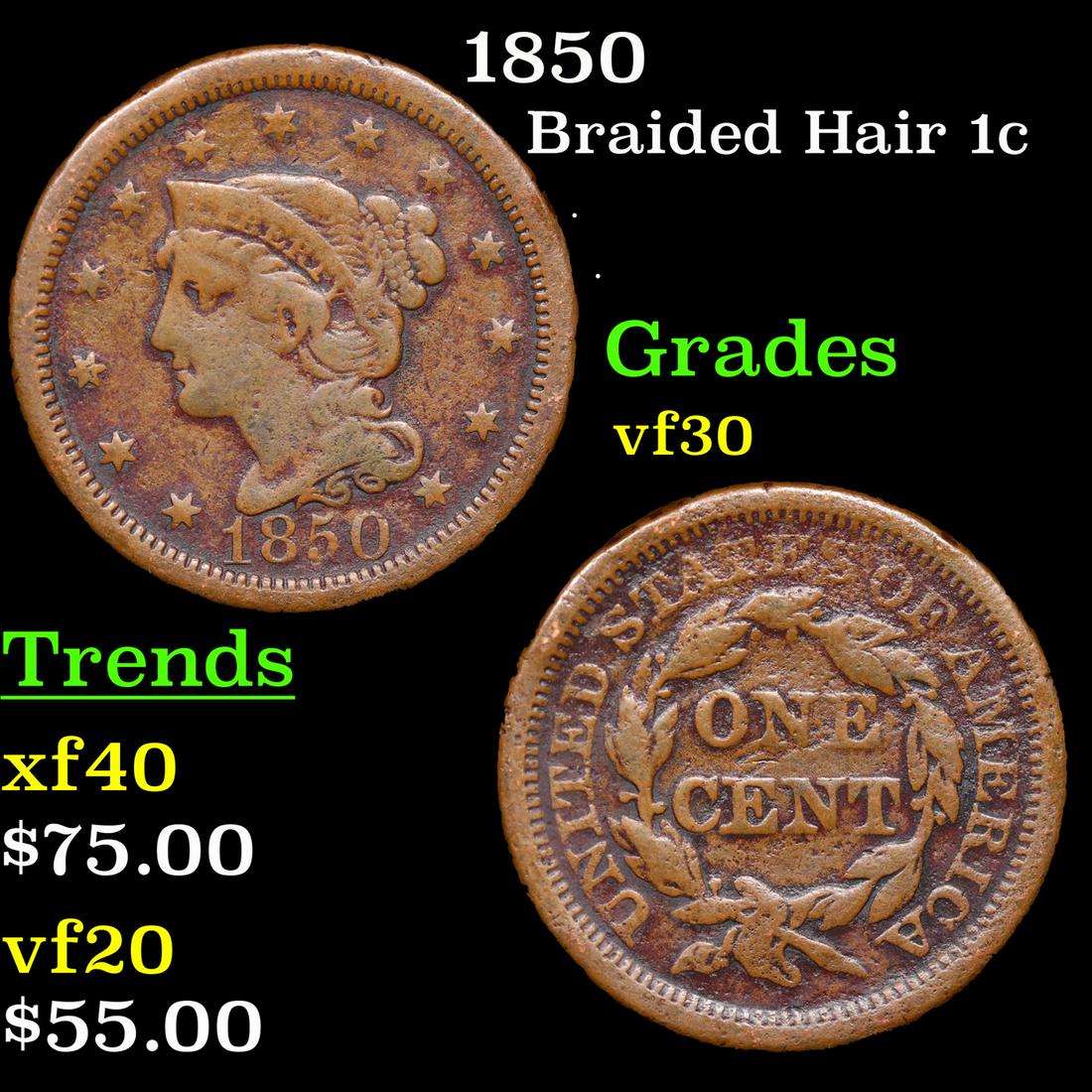 1850 Braided Hair Large Cent 1c Grades vf++ (1 of 3)