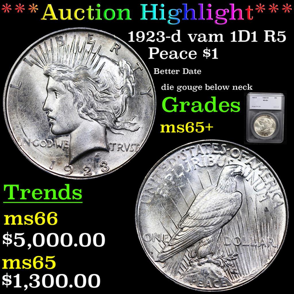 ***Auction Highlight*** 1923-d Peace Dollar vam 1D1 R5 1 Graded ms65+ By SEGS (fc) (1 of 5)