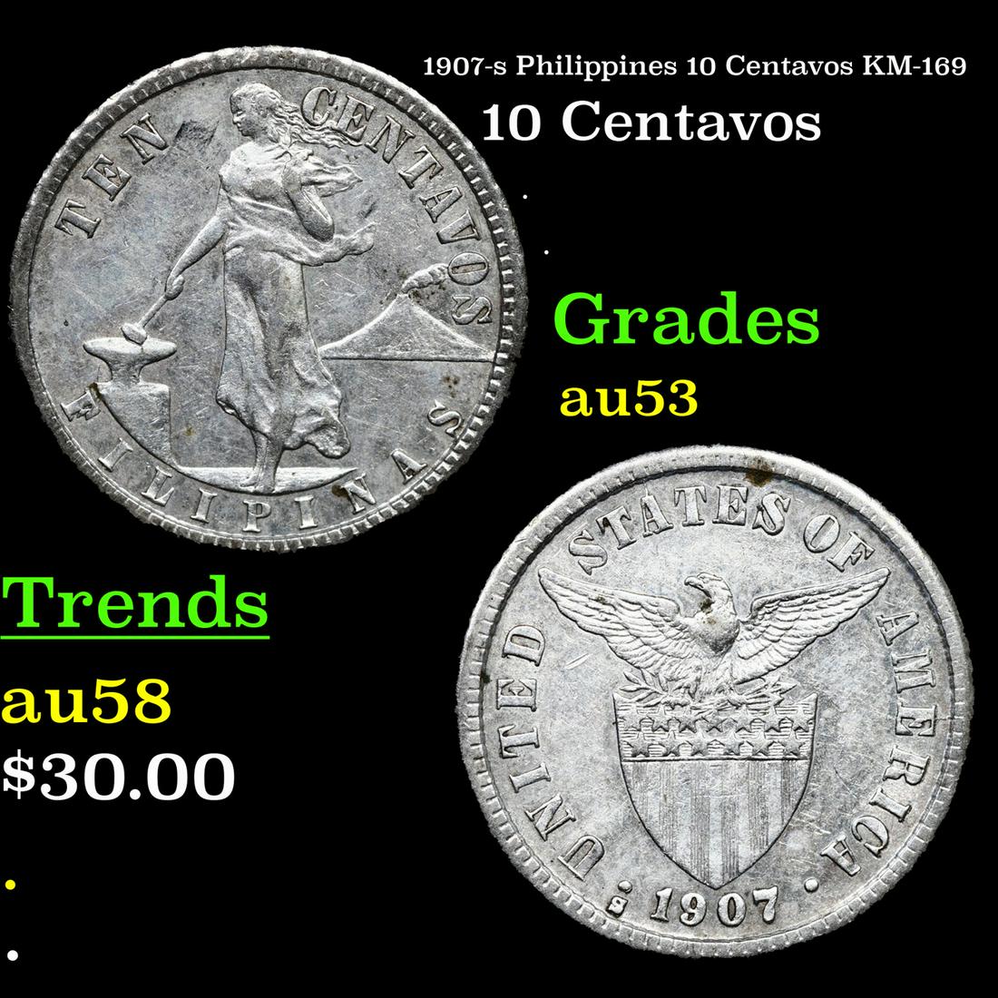 1907-s Philippines 10 Centavos Centavos KM-169 Grades Select AU (1 of 3)