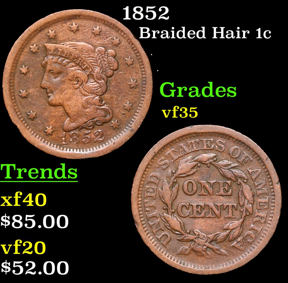 1852 Braided Hair Large Cent 1c Grades vf++ (1 of 3)