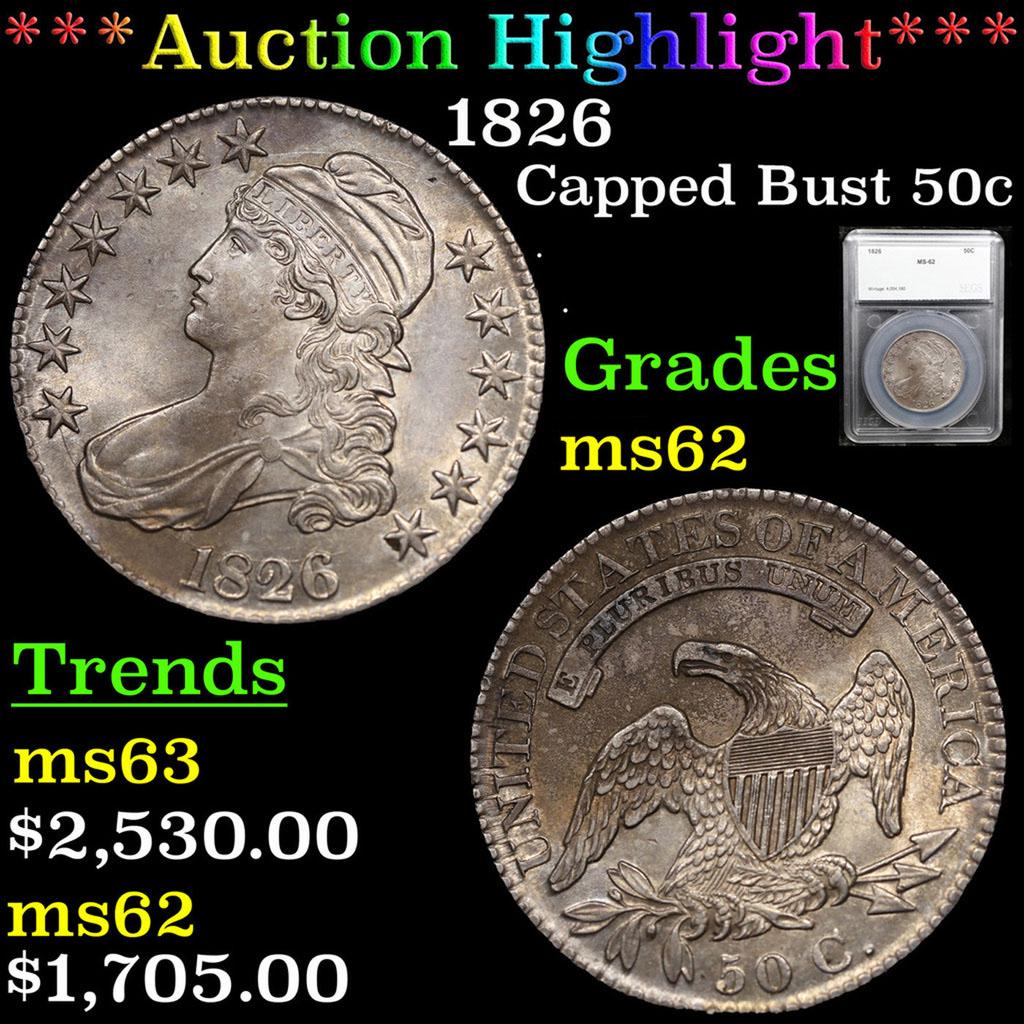 ***Auction Highlight*** 1826 Capped Bust Half Dollar 50c Graded MS62 by SEGS (fc) (1 of 5)