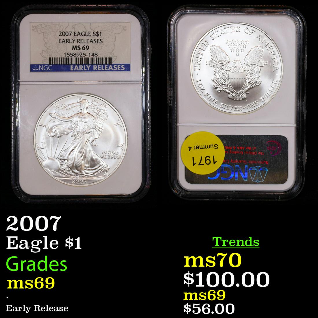 NGC 2007 Silver Eagle Dollar $1 Graded ms69 By NGC (1 of 3)
