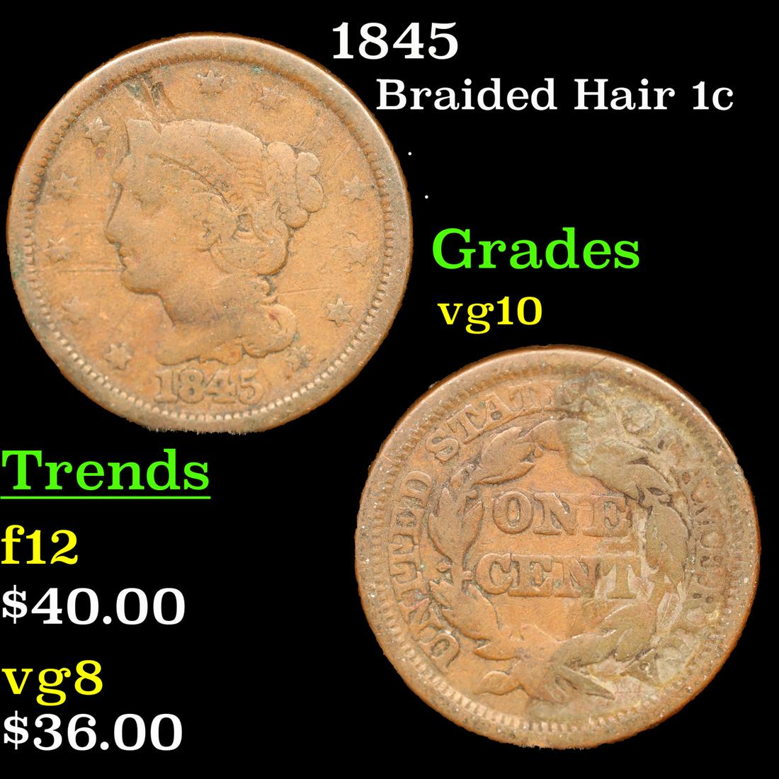 1845 Braided Hair Large Cent 1c Grades vg+ (1 of 3)