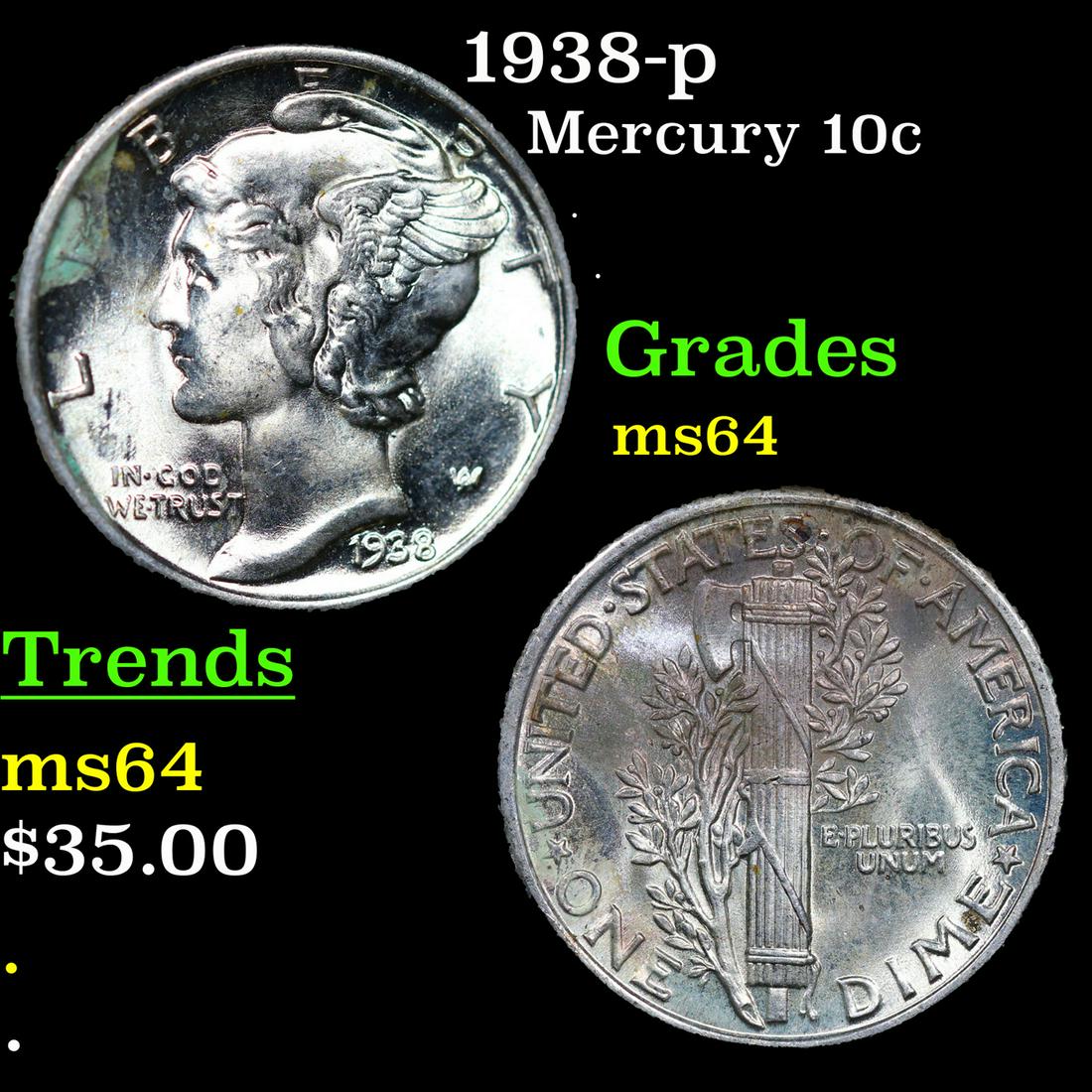 1938-p Mercury Dime 10c Grades Choice Unc (1 of 3)