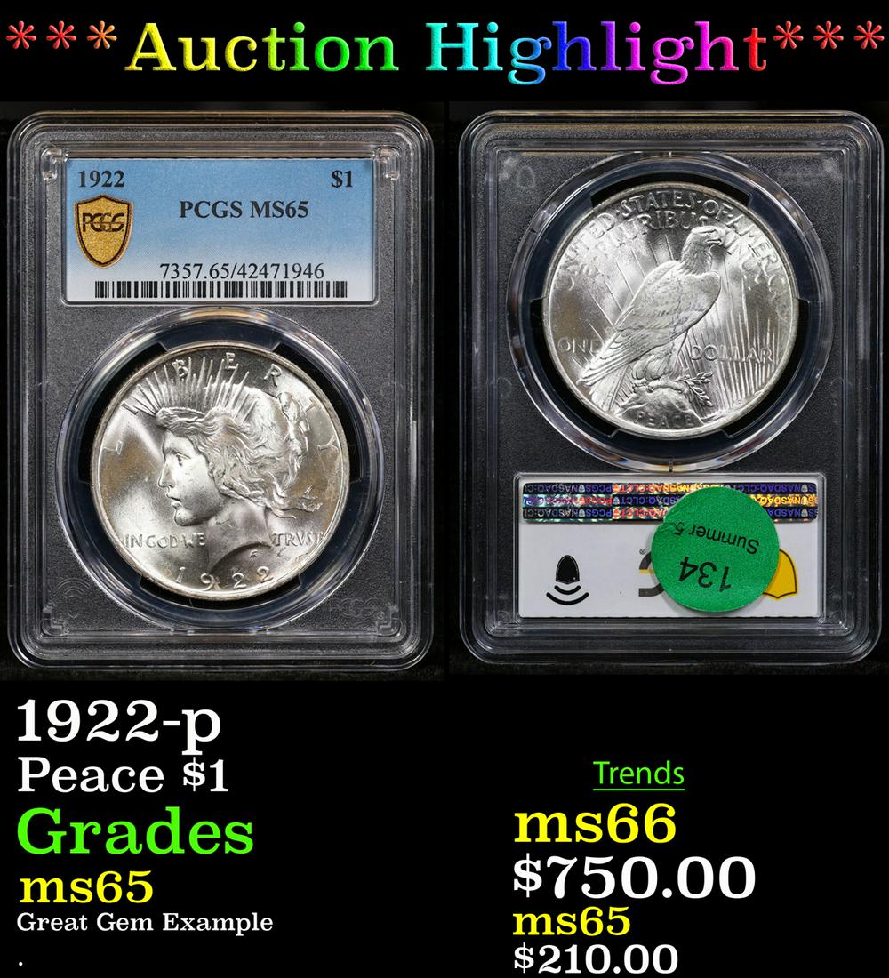 ***Auction Highlight*** PCGS 1922-p Peace Dollar $1 Graded ms65 By PCGS (fc) (1 of 3)
