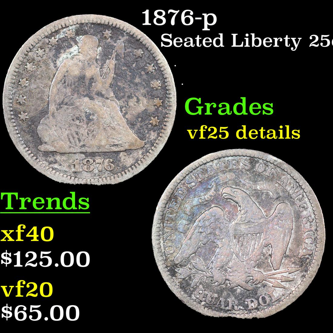1876-p Seated Liberty Quarter 25c Grades vf details (1 of 3)