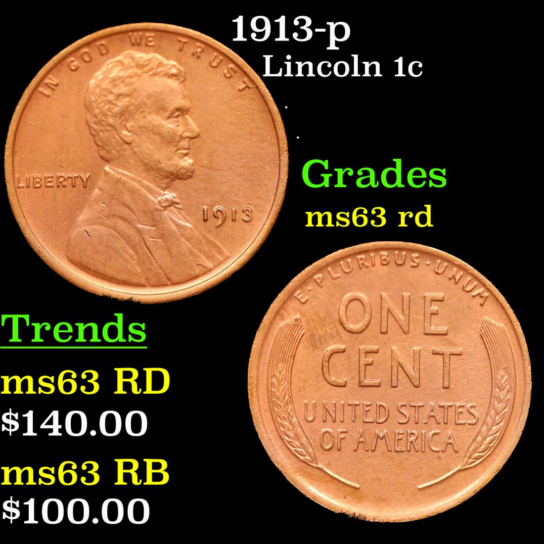 1913-p Lincoln Cent 1c Grades Select Unc RD (1 of 3)