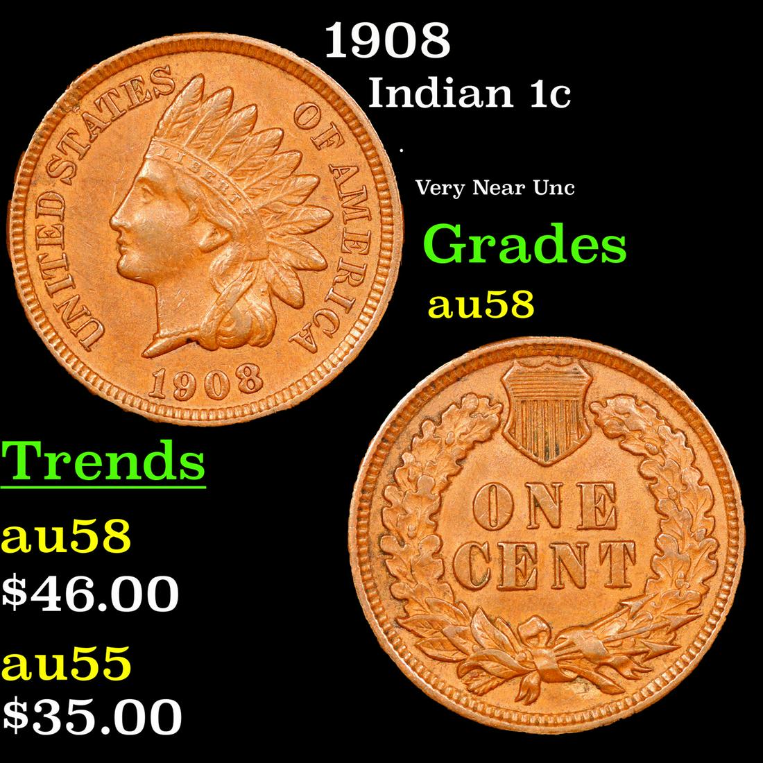 1908 Indian Cent 1c Grades Choice AU/BU Slider (1 of 3)