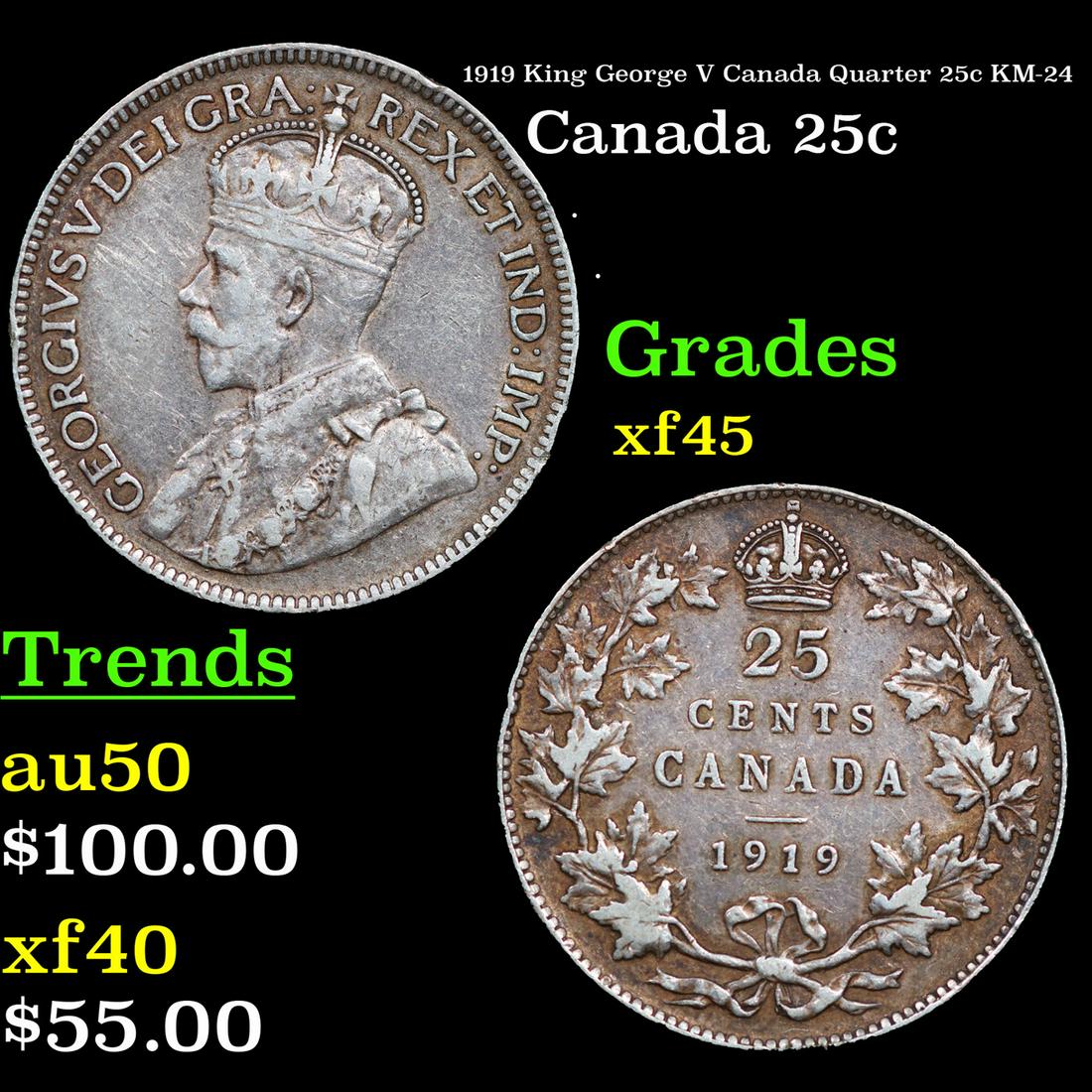 1919 King George V Canada Quarter 25c KM-24 Grades xf+: 1919 King George V Canada Quarter 25c KM-24 Grades xf+. King George V (George Frederick Ernest Albert; 3 June 1865 â€“ 20 January 1936) was King of the United Kingdom and the British Dominions, a