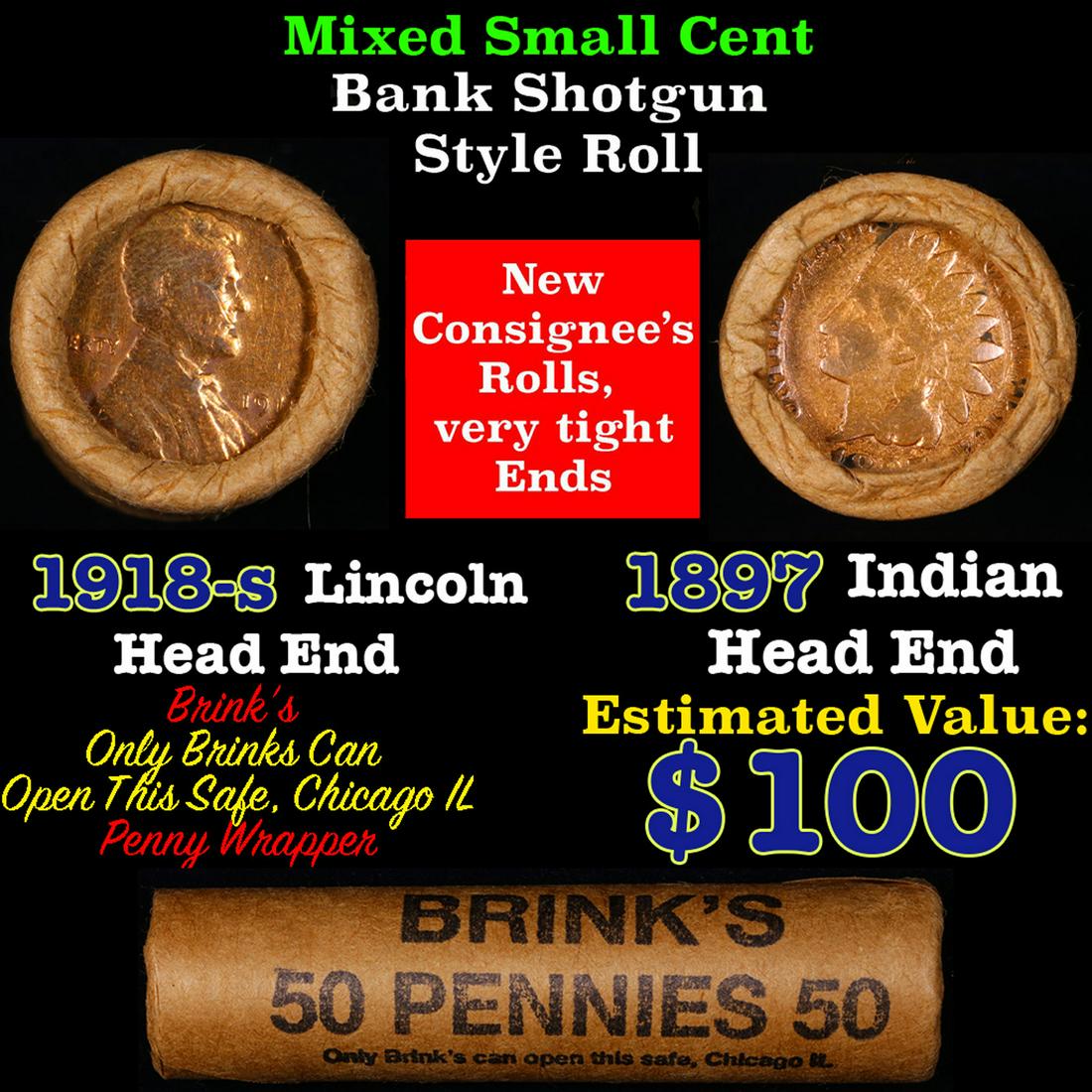 Mixed small cents 1c orig shotgun roll, 1918-s Wheat Cent, 1897 Indian Cent other end, brinks: Mixed small cents 1c orig shotgun roll, 1918-s Wheat Cent, 1897 Indian Cent other end, brinks Wrapper. The roll is held in an old Rare & Collectable Brinks 'Only Brinks Can Open This Safe, Chicago IL'