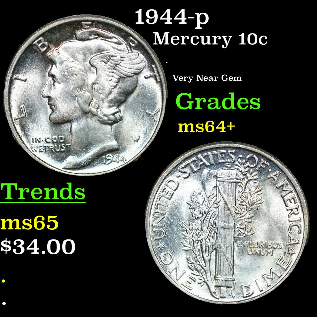 1944-p Mercury Dime 10c Grades Choice+ Unc (1 of 3)