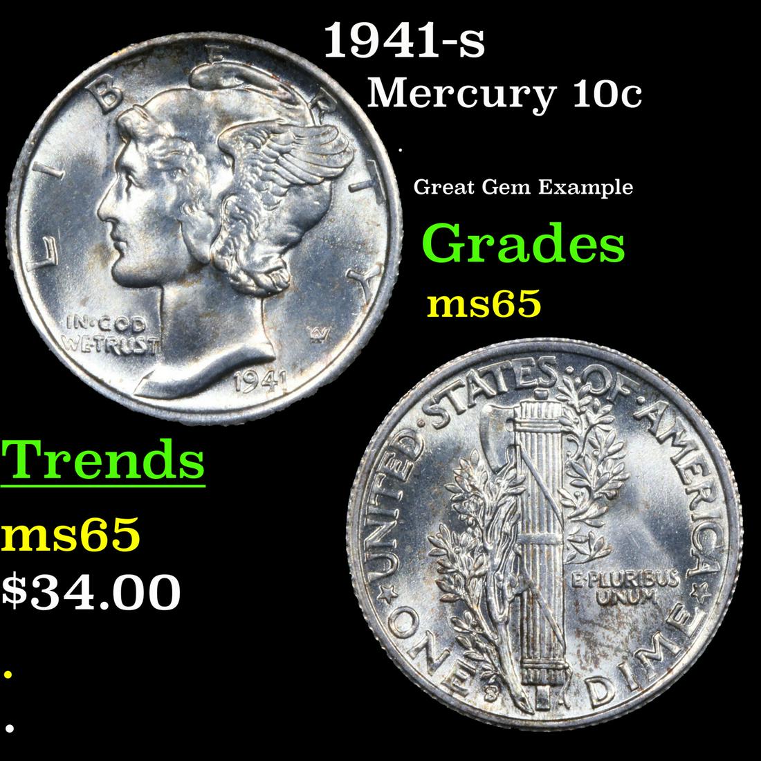 1941-s Mercury Dime 10c Grades GEM Unc (1 of 3)