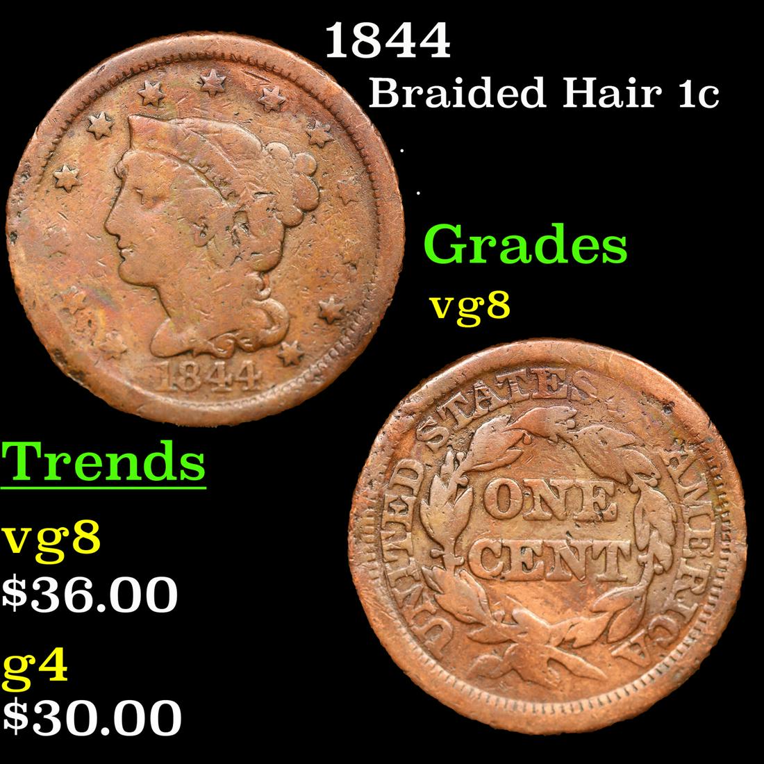 1844 Braided Hair Large Cent 1c Grades vg, very good (1 of 3)