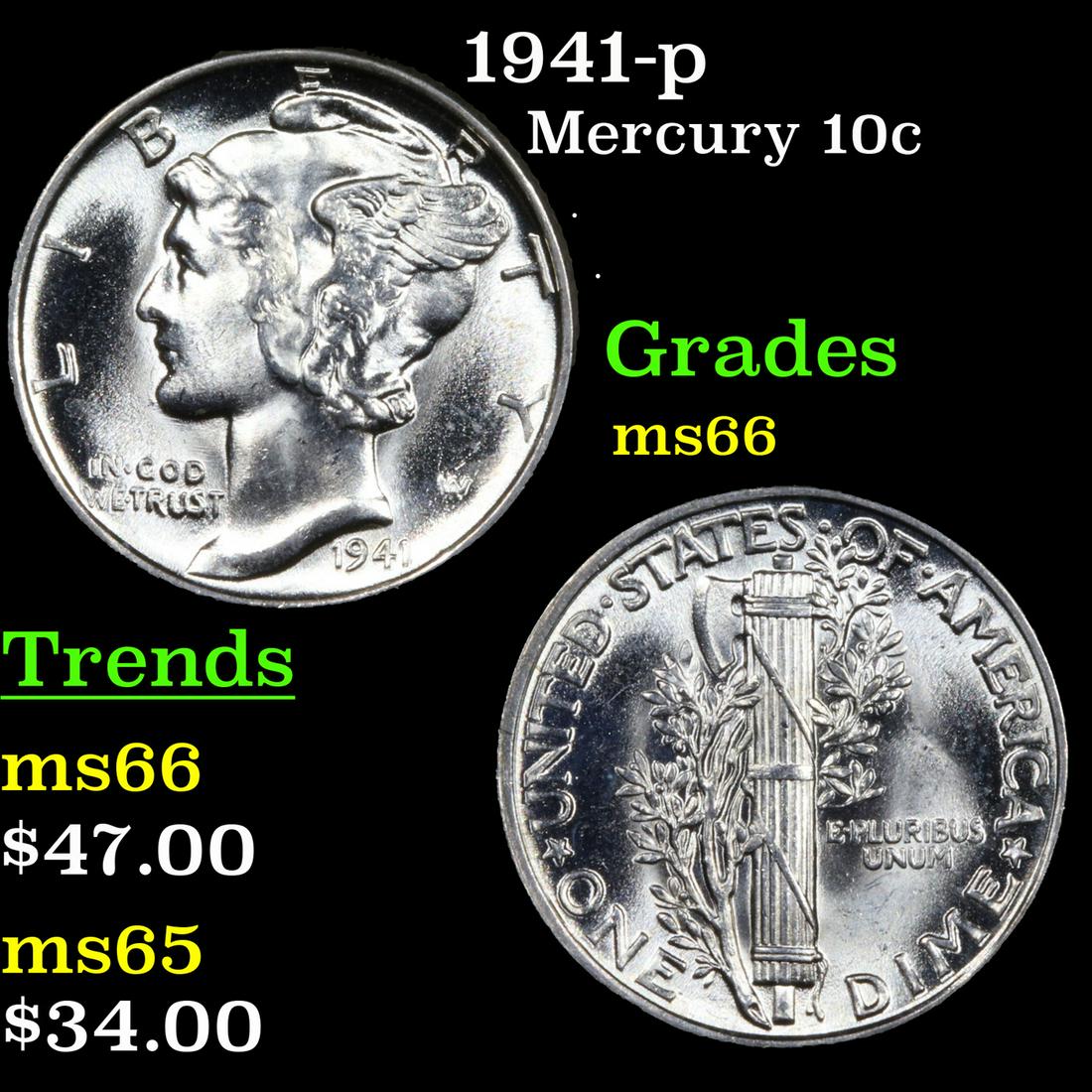 1941-p Mercury Dime 10c Grades GEM+ Unc (1 of 3)
