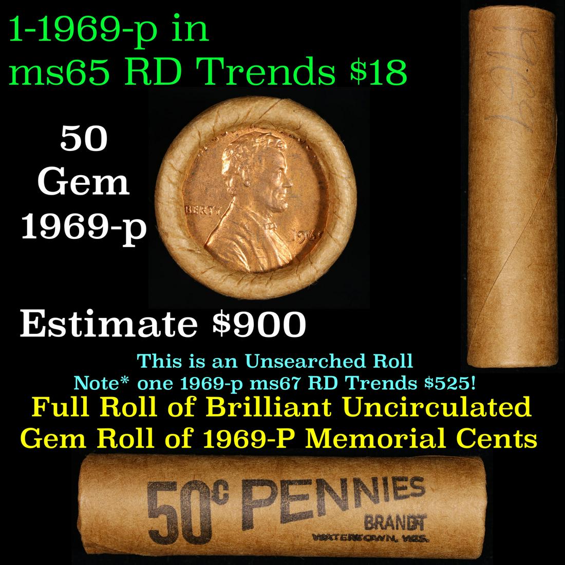 Shotgun Lincoln 1c roll, 1969-p 50 pcs Brandt Wrapper: Shotgun Lincoln 1c roll, 1969-p 50 pcs Brandt Wrapper . A terrific Shotgun roll of Lincoln cents. All coins cherry red. Trends ms65 rd $18