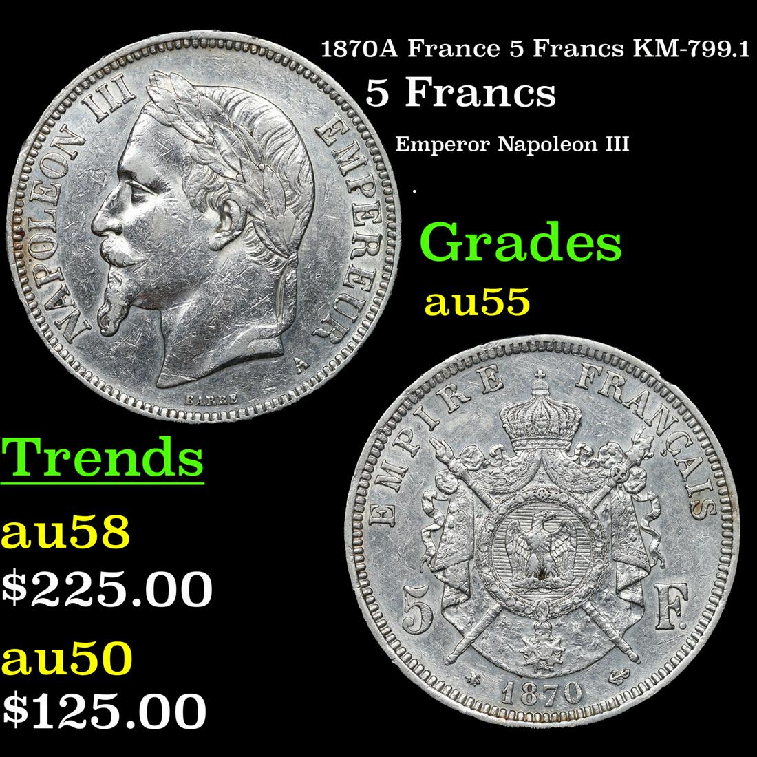 1870A France 5 Francs KM-799.1 Graded au55 (1 of 3)