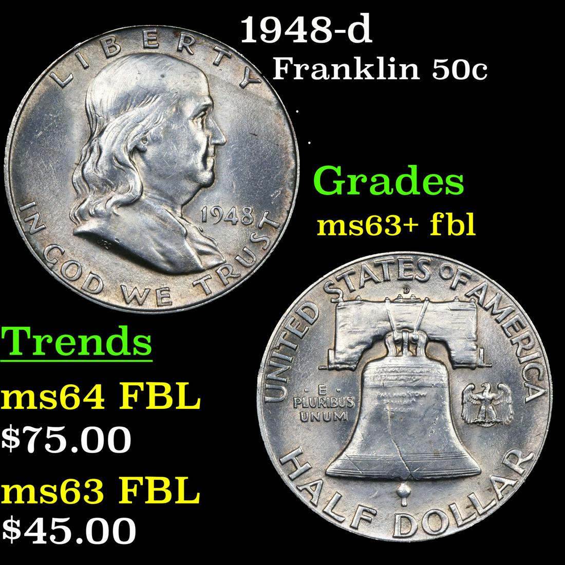 1948-d Franklin Half Dollar 50c Grades Select Unc+ FBL (1 of 3)