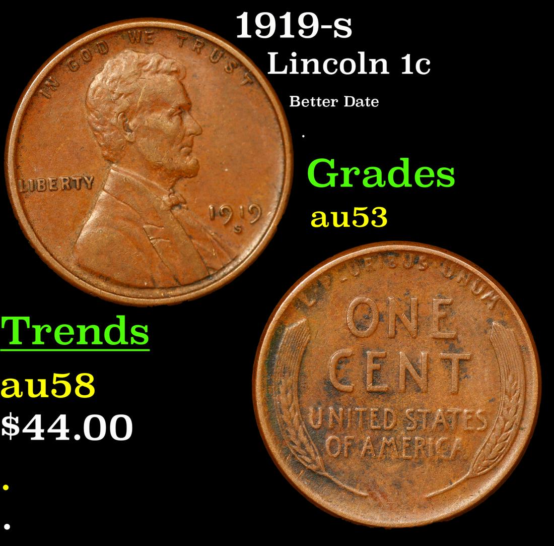 1919-s Lincoln Cent 1c Grades Select AU (1 of 3)