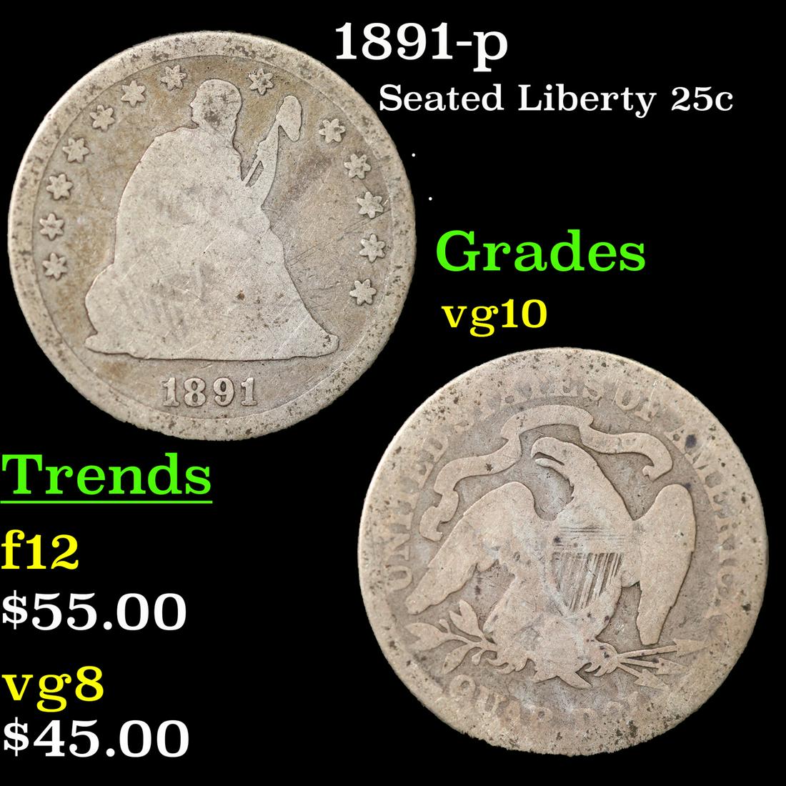1891-p Seated Liberty Quarter 25c Grades vg+ (1 of 3)