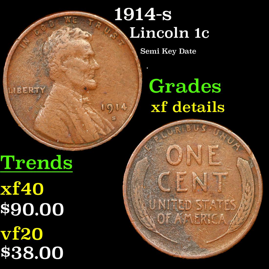 1914-s Lincoln Cent 1c Grades xf details (1 of 3)